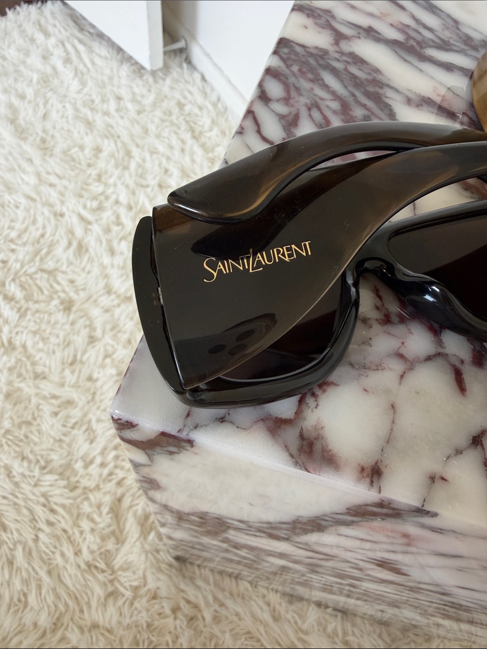 Saint Laurent Glossy Black Women's Sunglasses with Gold Logo Accent